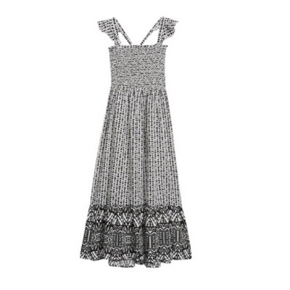 Fabkids Black & White Flutter Cap Sleeve Smocked Maxi Dress Girls Size M 8